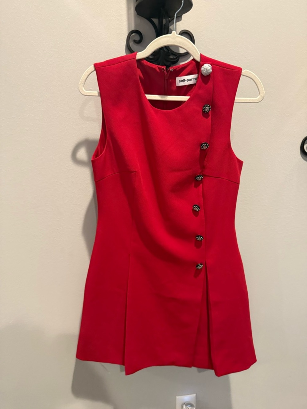 Self-Portrait Red Sleeveless Mini Dress with Asymmetrical Button Detail